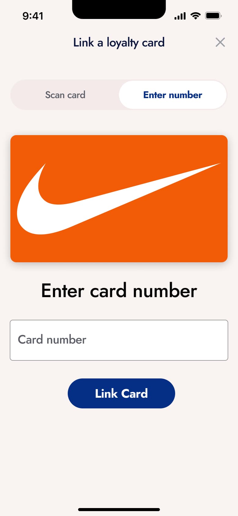 Link a loyalty card: enter card number tab with store card art.