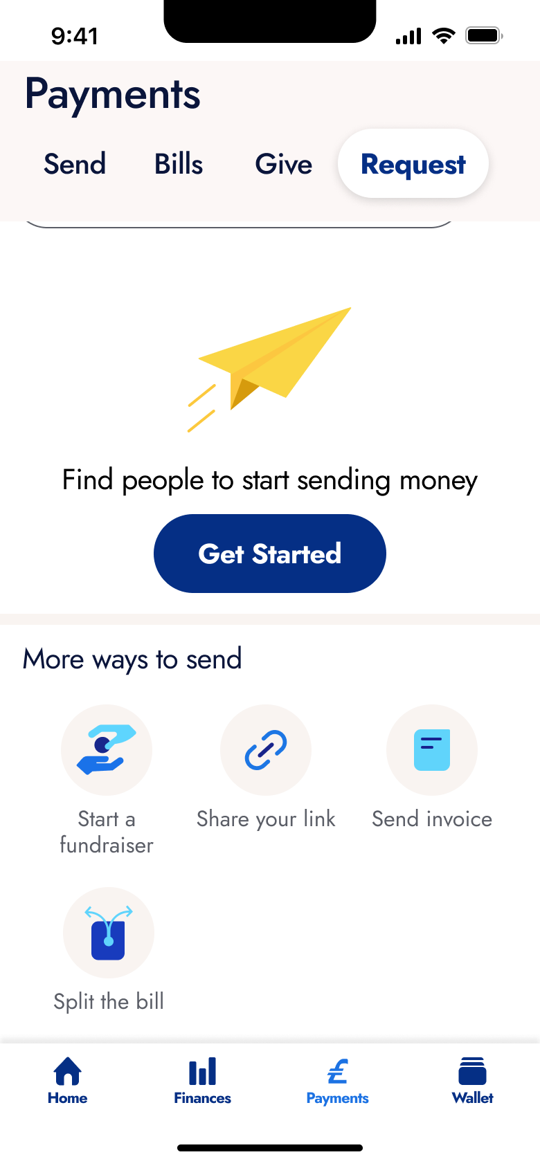 Payments request tab: get started and more ways including split the bill.