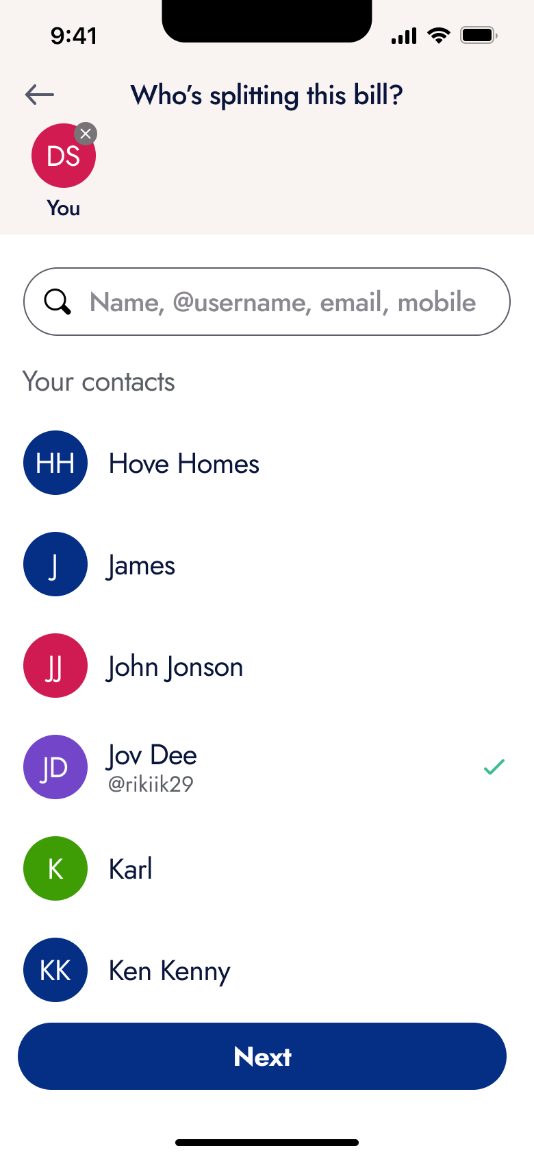 Who's splitting this bill: one contact ticked.