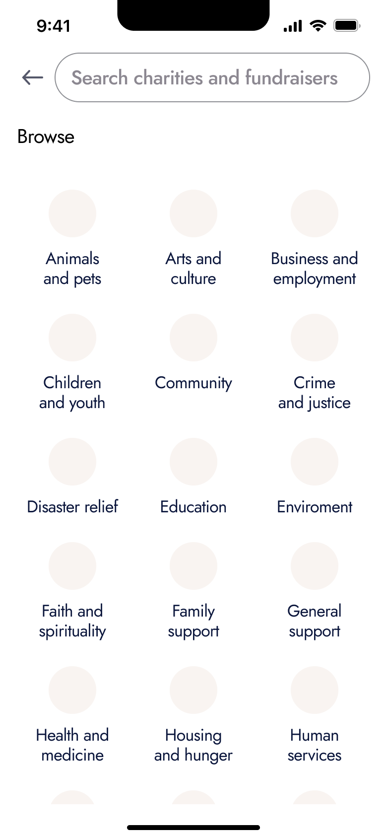 Browse charities by category icons.