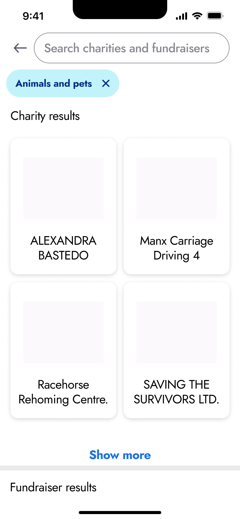 Charity search results filtered by category.