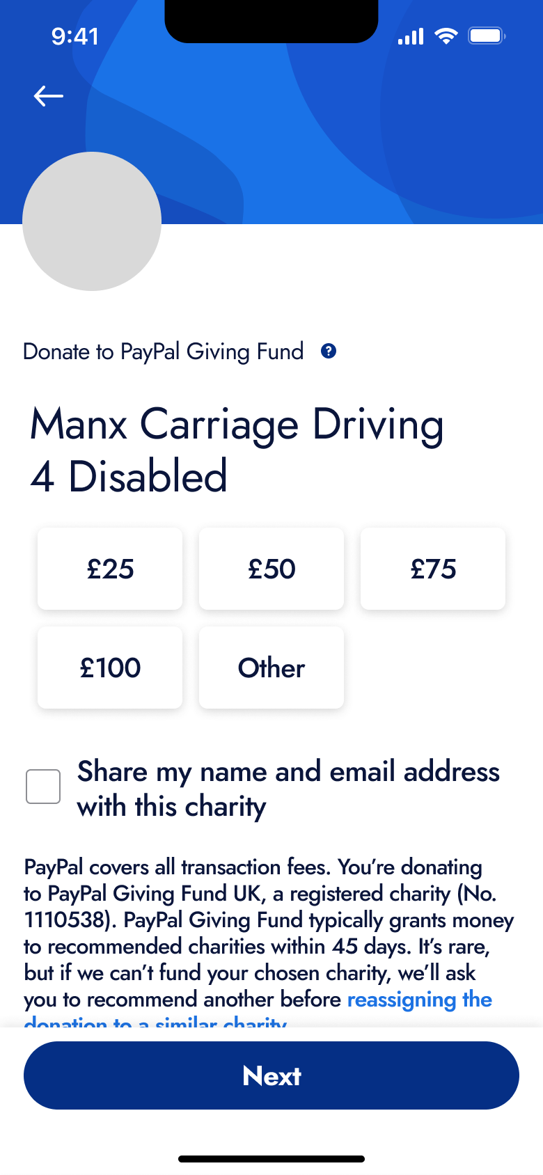 Donate to a charity: preset amounts and share details option.