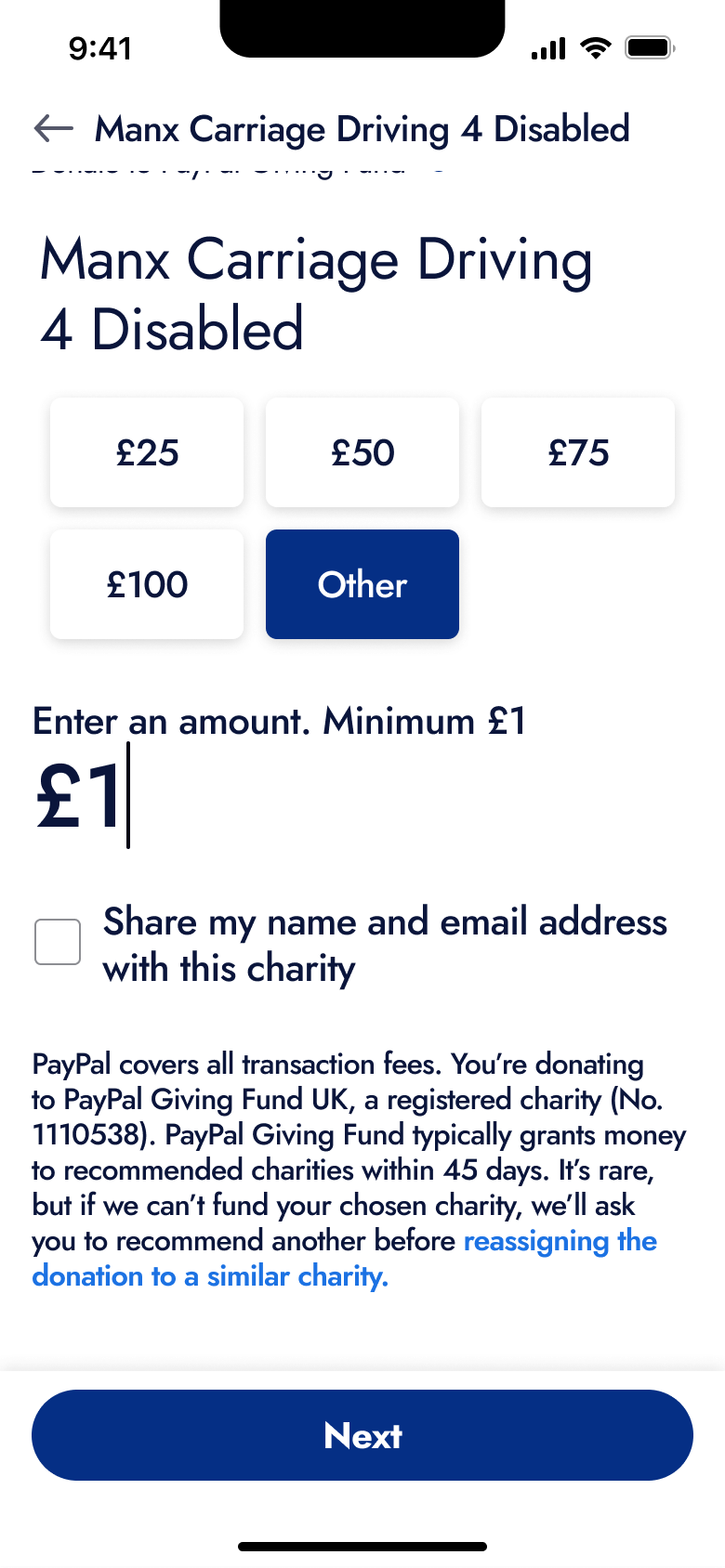Donation amount entry with preset chips and share details checkbox.