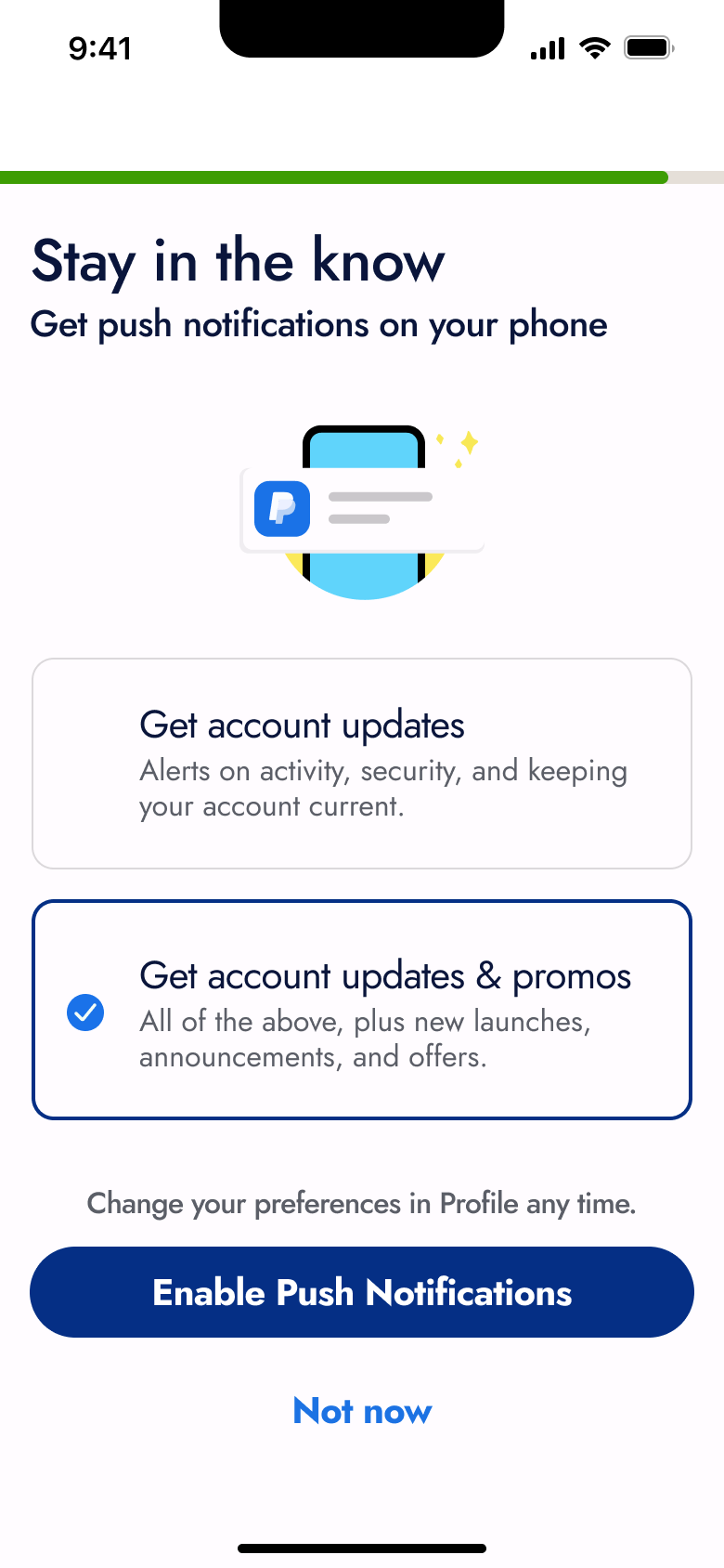 Stay in the know: push notification preferences with enable and not now.
