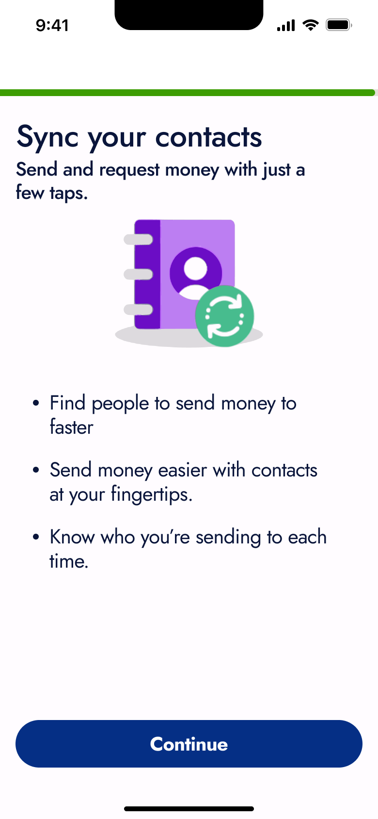 Sync your contacts priming: find people and send money easier.