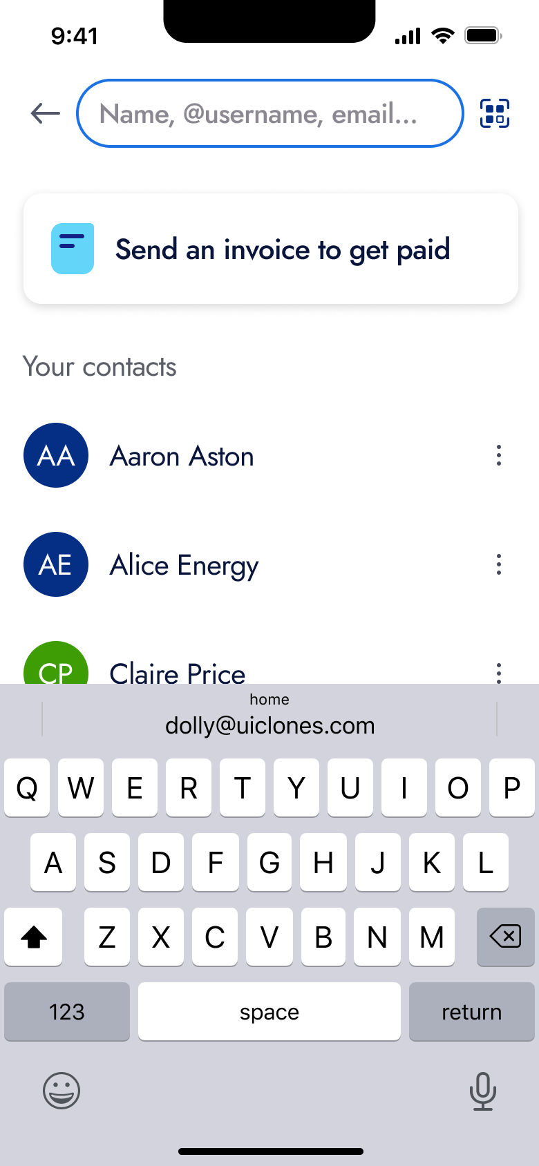 Request from: send an invoice option and contacts.