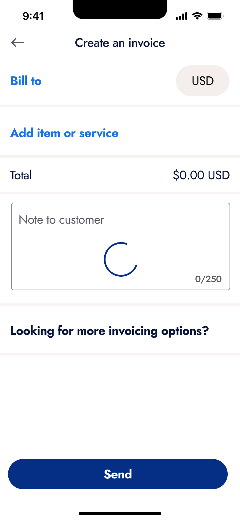 Create an invoice saving with spinner.
