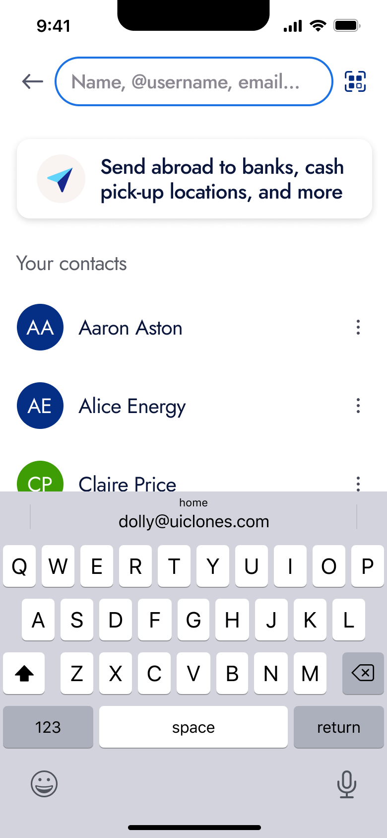 Recipient search with send abroad option and contacts.