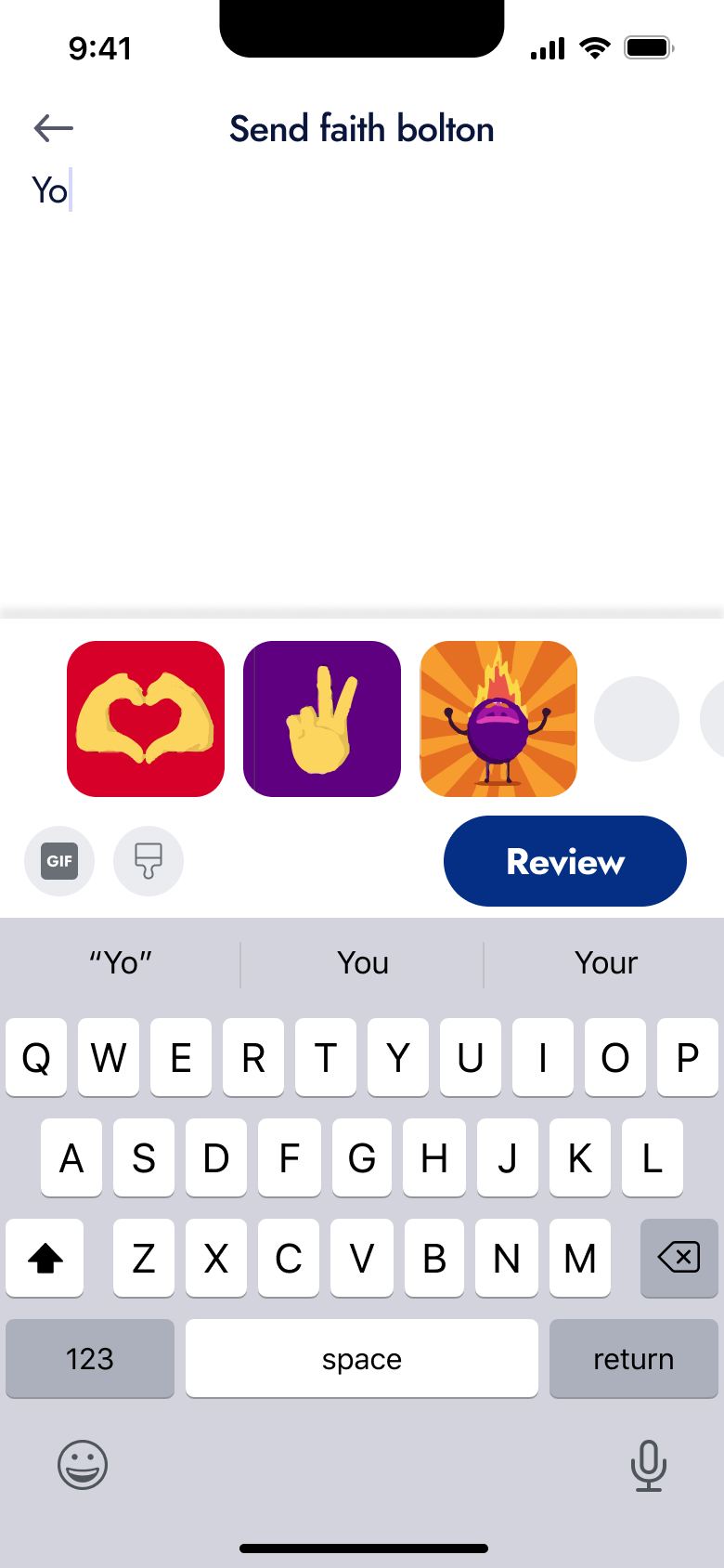 Send money message with sticker suggestions and keyboard.
