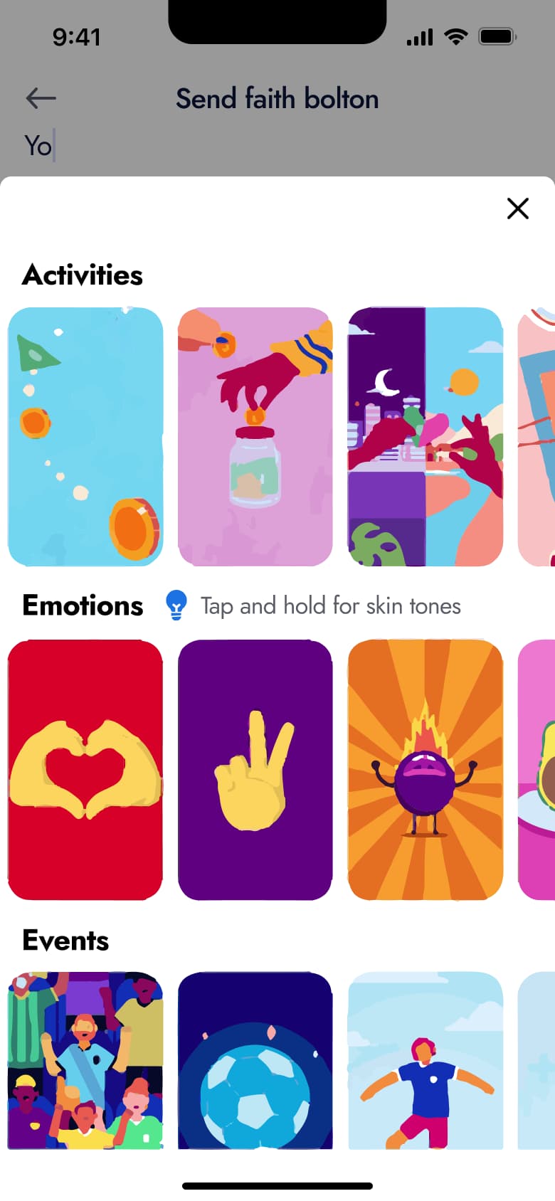 Theme picker: activities, emotions and events cards.