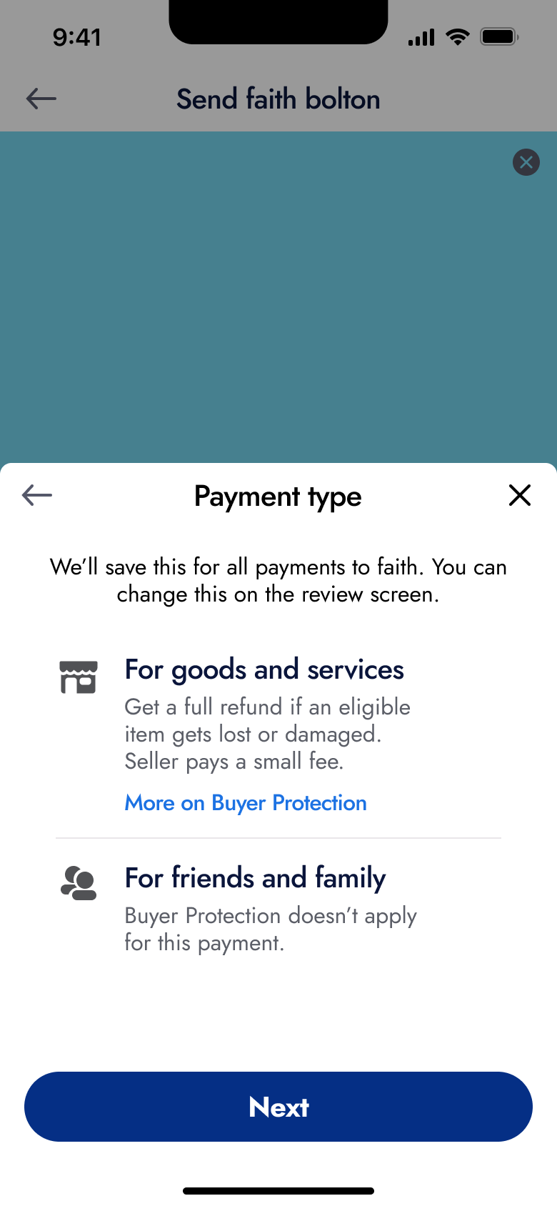 Payment type sheet with protection details.
