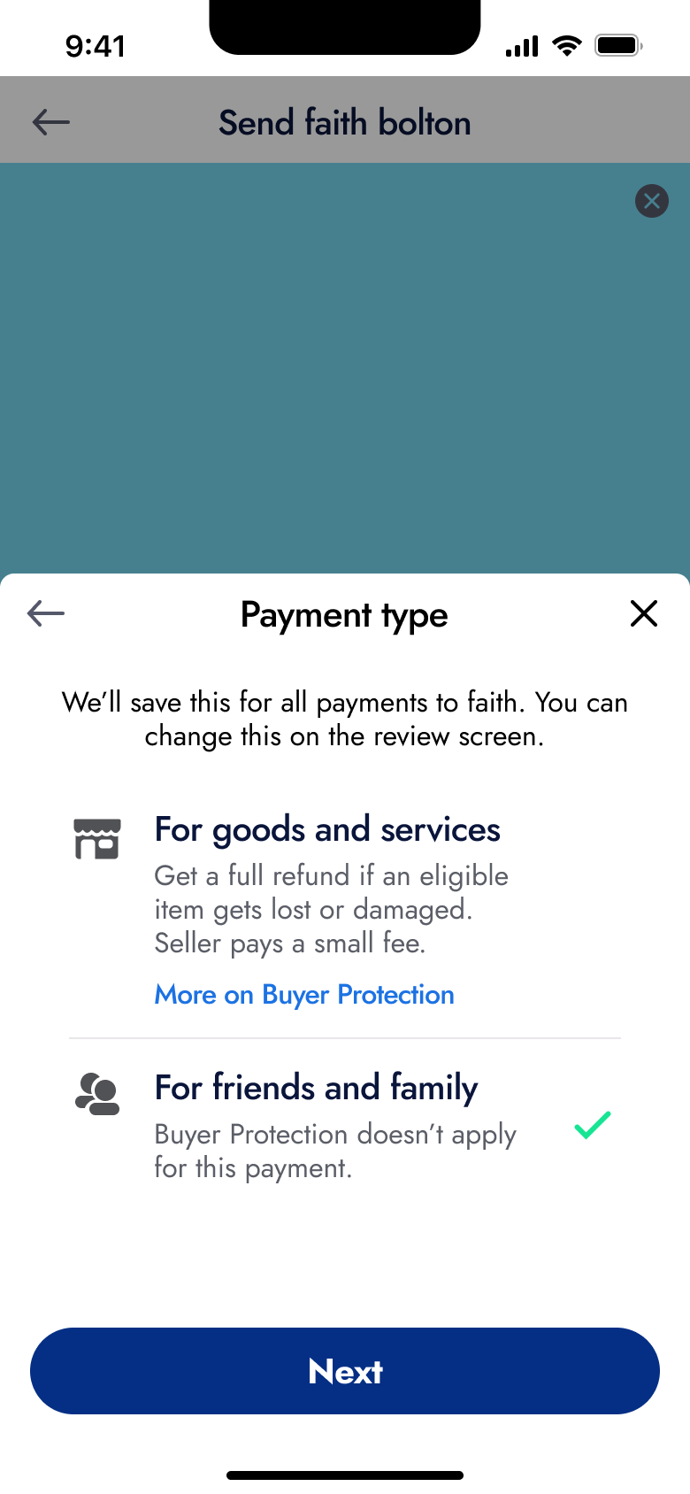 Payment type: goods and services or friends and family, friends selected.