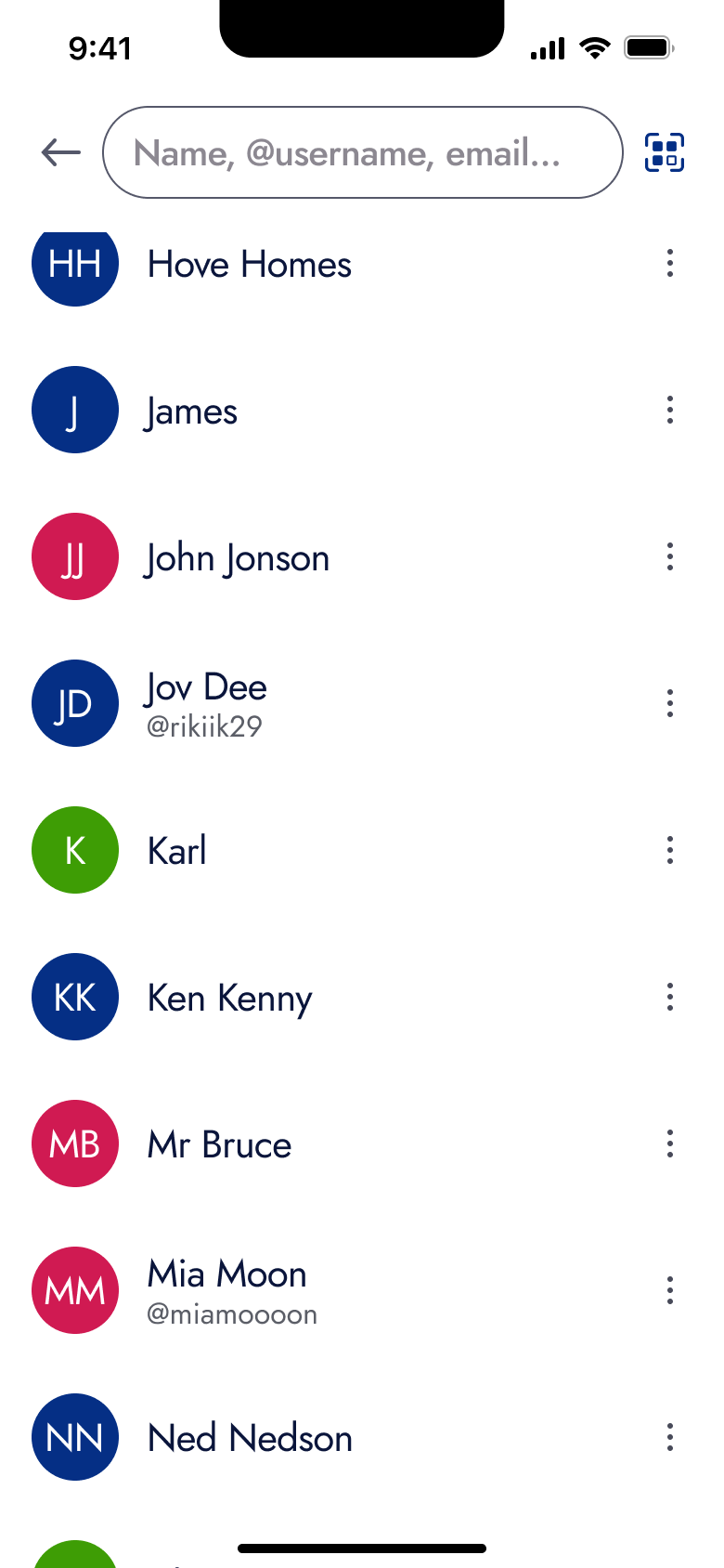 Choose recipient: contacts list with search by name, username or email.