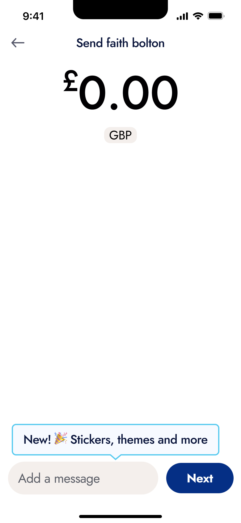 Send amount without keypad, message and next.