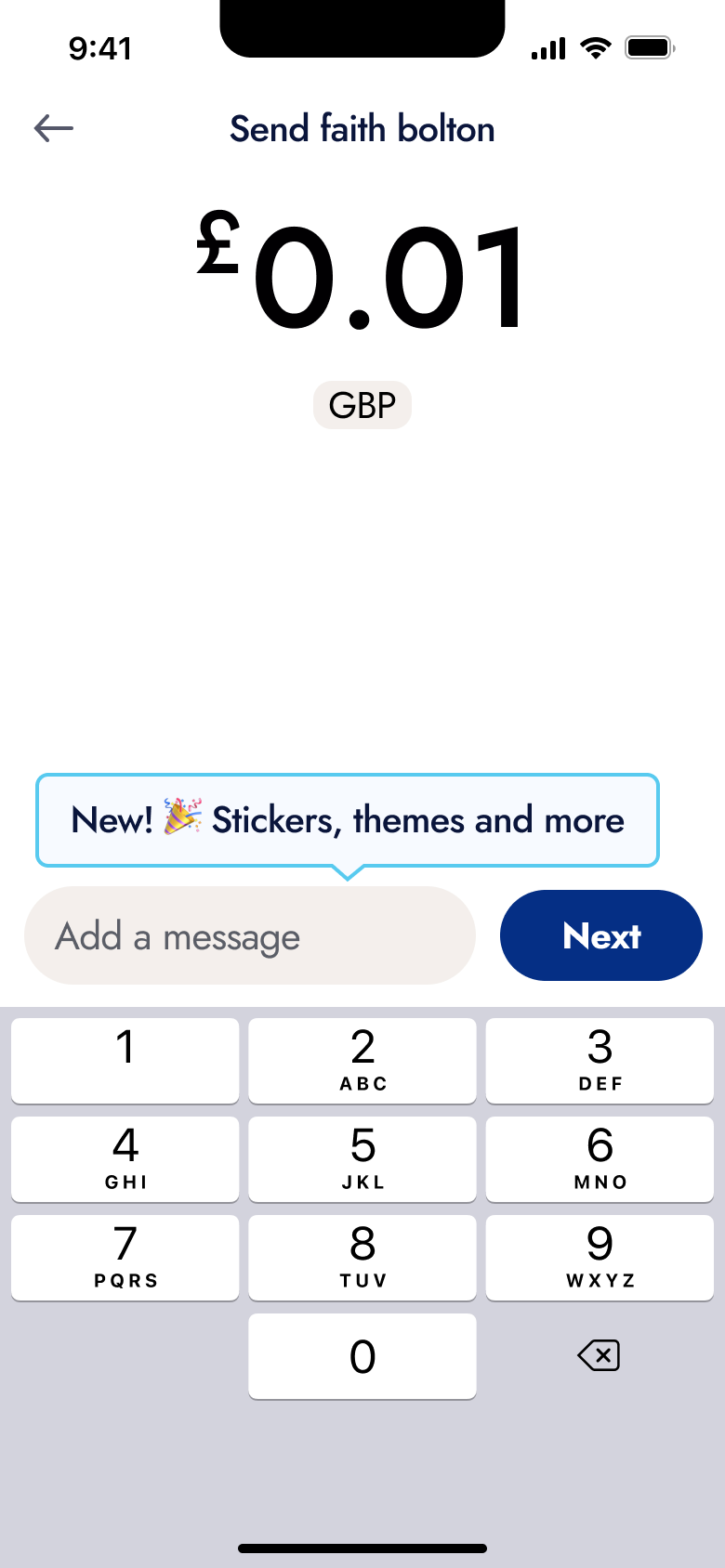 Send amount of one penny typed.