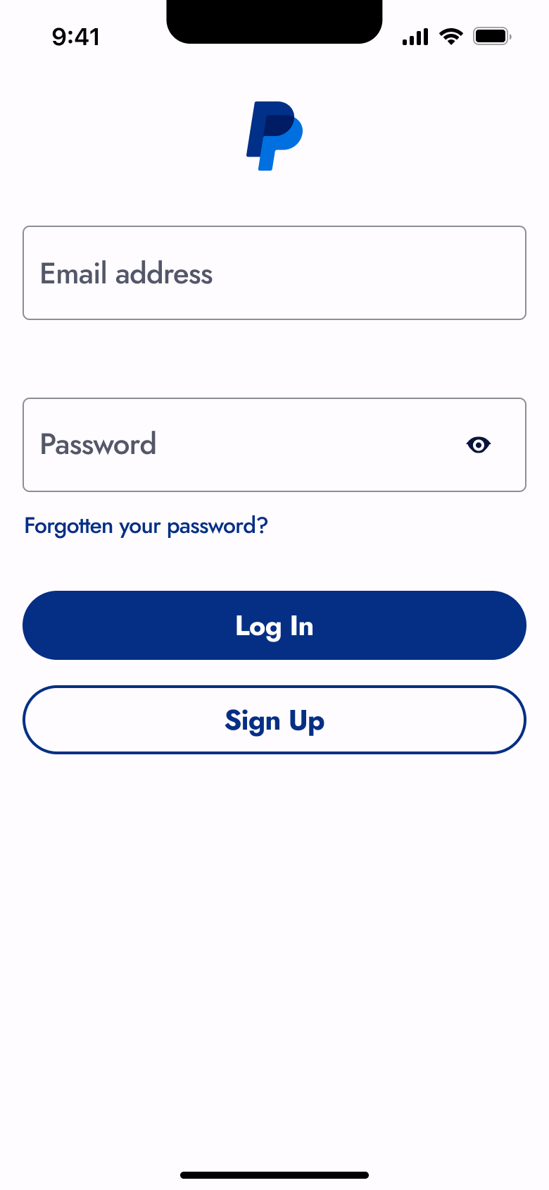 Log in with email and password, forgotten password and sign up.