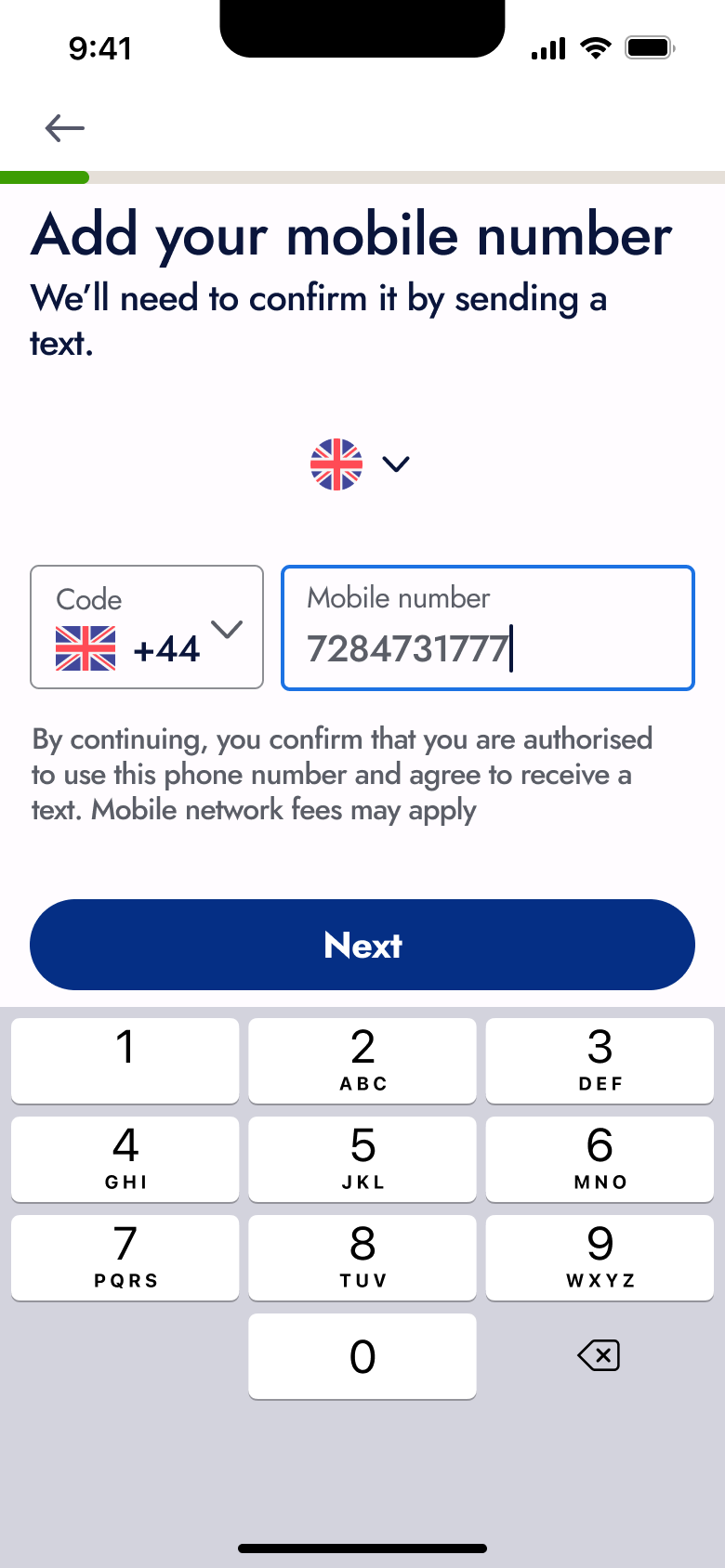 Add your mobile number: country code and number with text confirmation note.