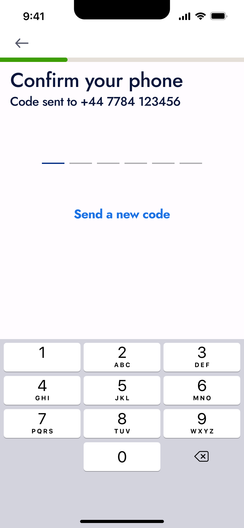 Confirm your phone: code boxes with send a new code.