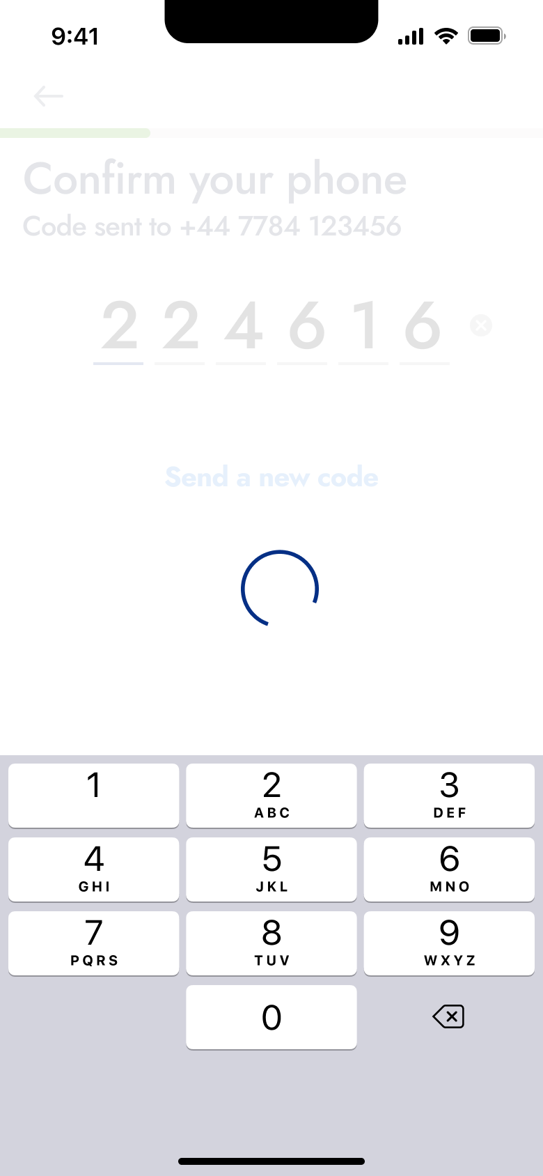 Confirm your phone: code entered and verifying.