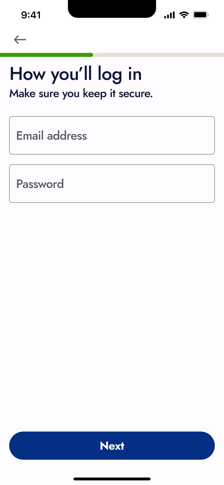 How you'll log in: email and password fields empty.