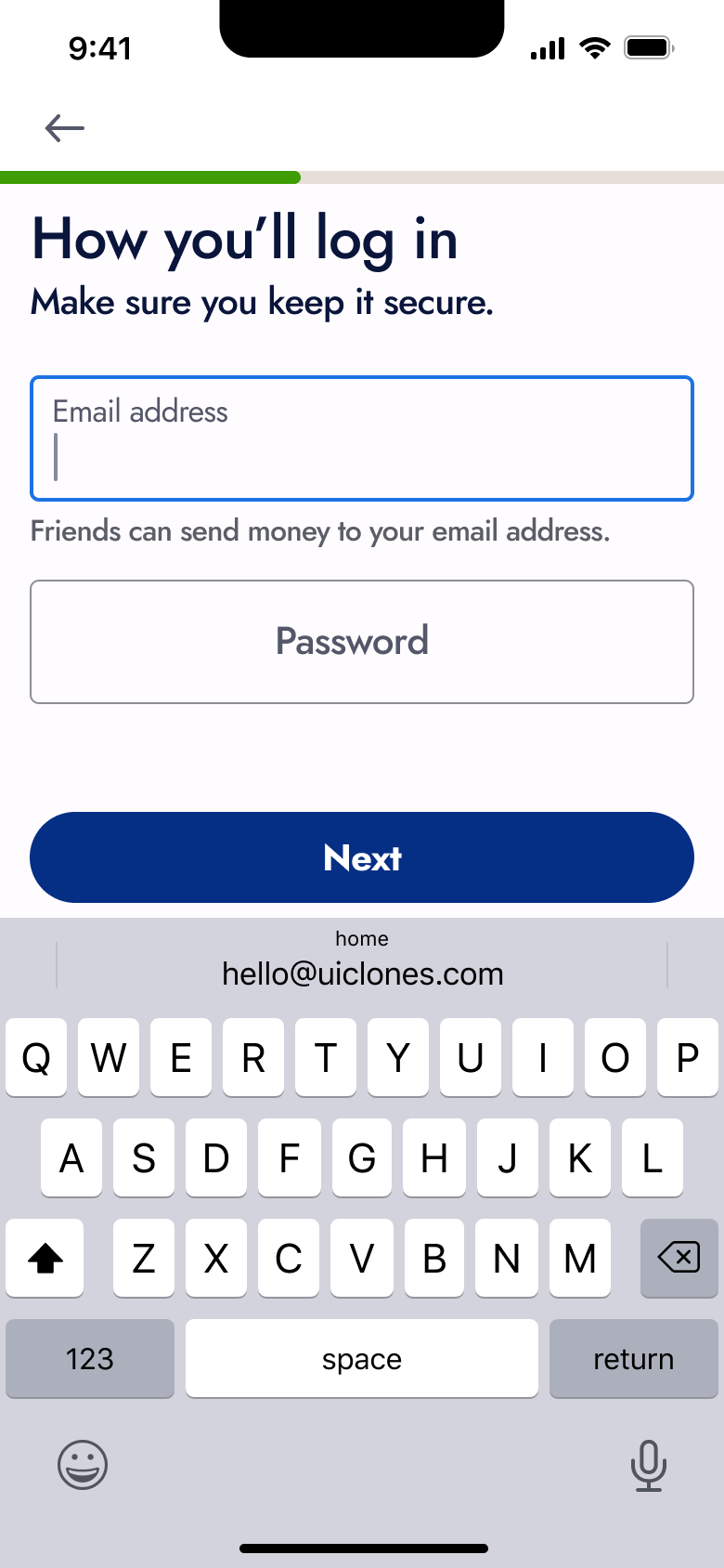 Email field focused with autofill suggestion.