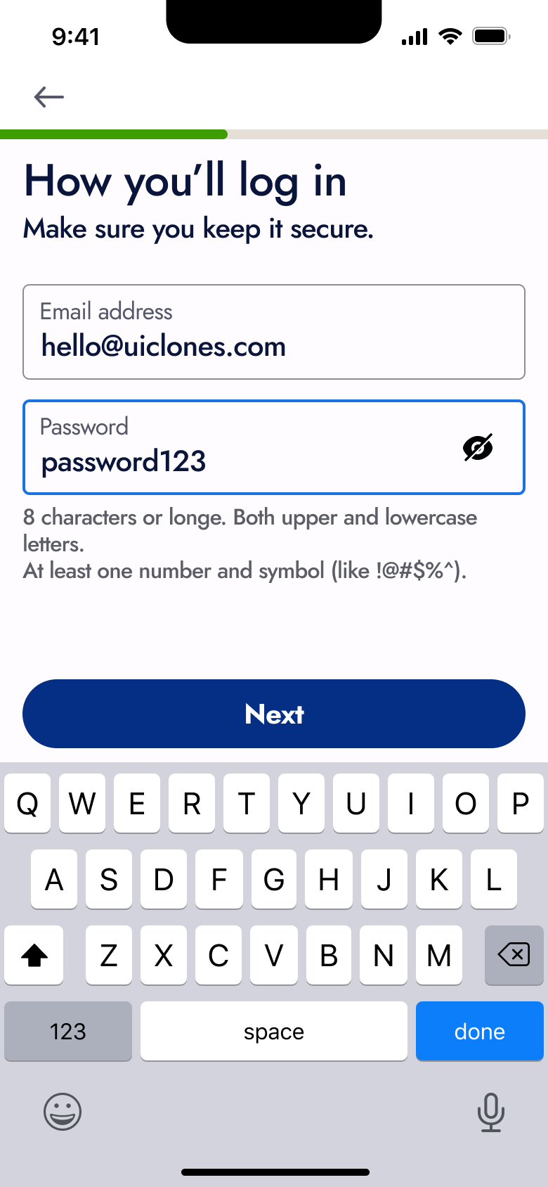 Password typed with requirements hint.