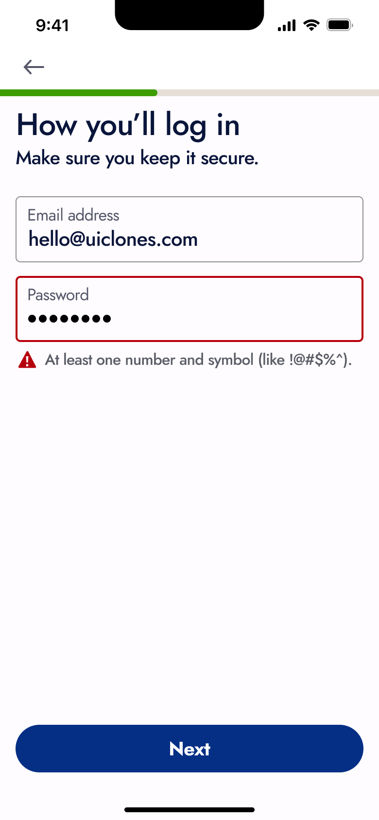 Hidden password with requirements error.