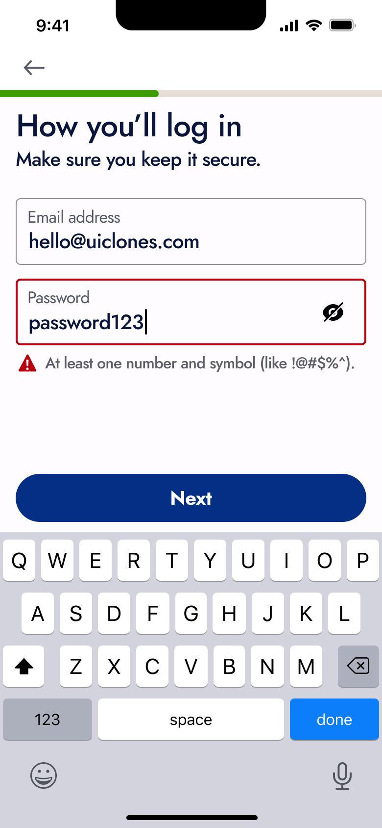 How you'll log in: password needs a number and symbol error.