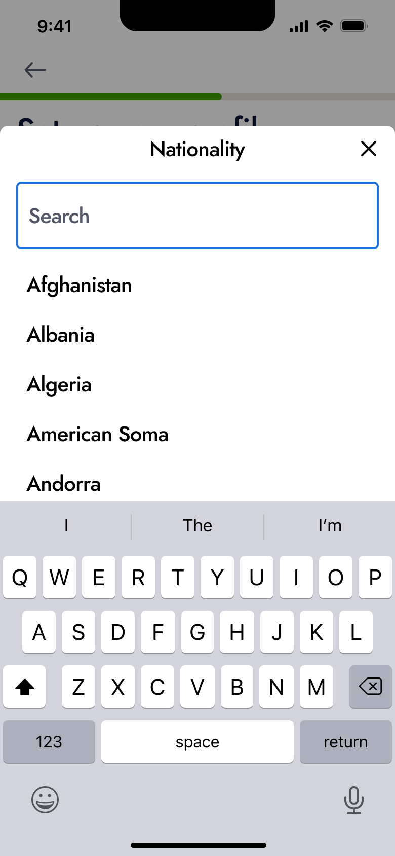 Nationality search sheet with alphabetical list.