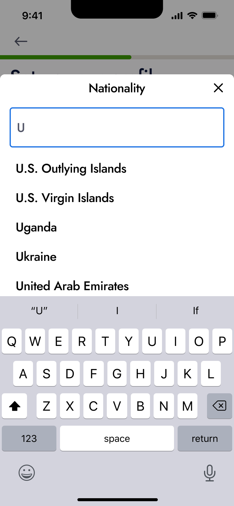 Nationality search sheet with filtered countries.