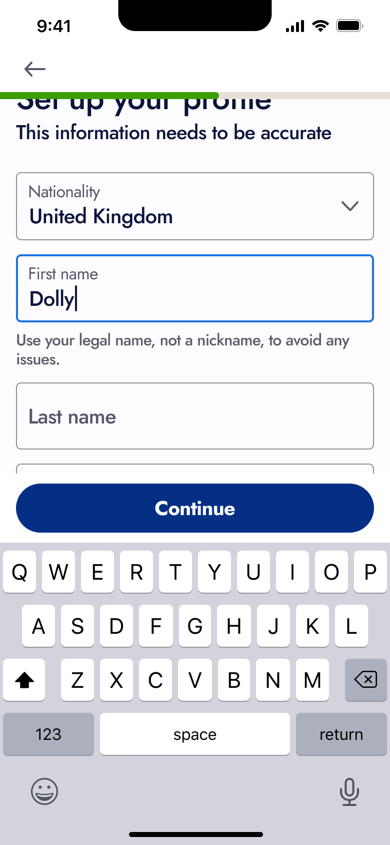 Set up your profile: first name typed.