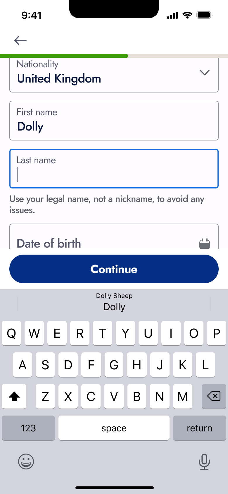 Last name entry with autofill suggestion.
