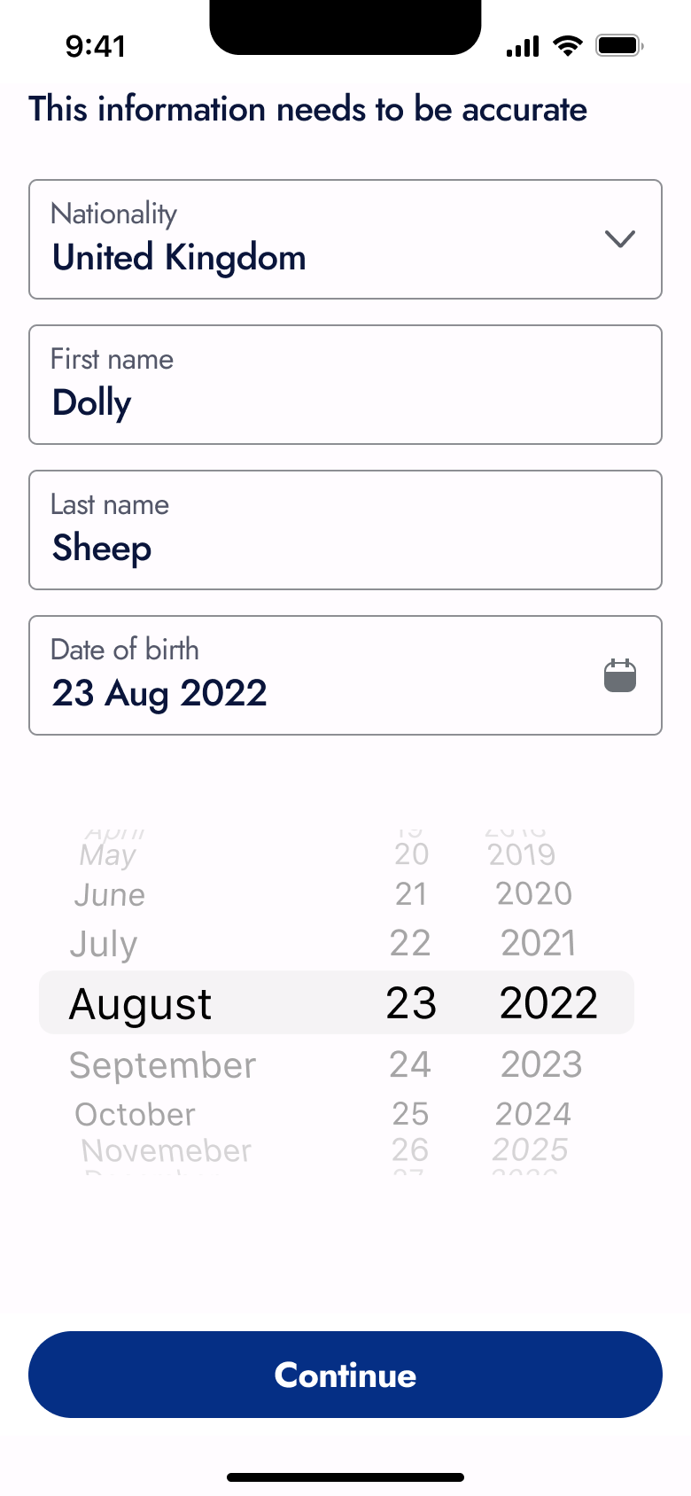 Date of birth being changed on wheel picker.