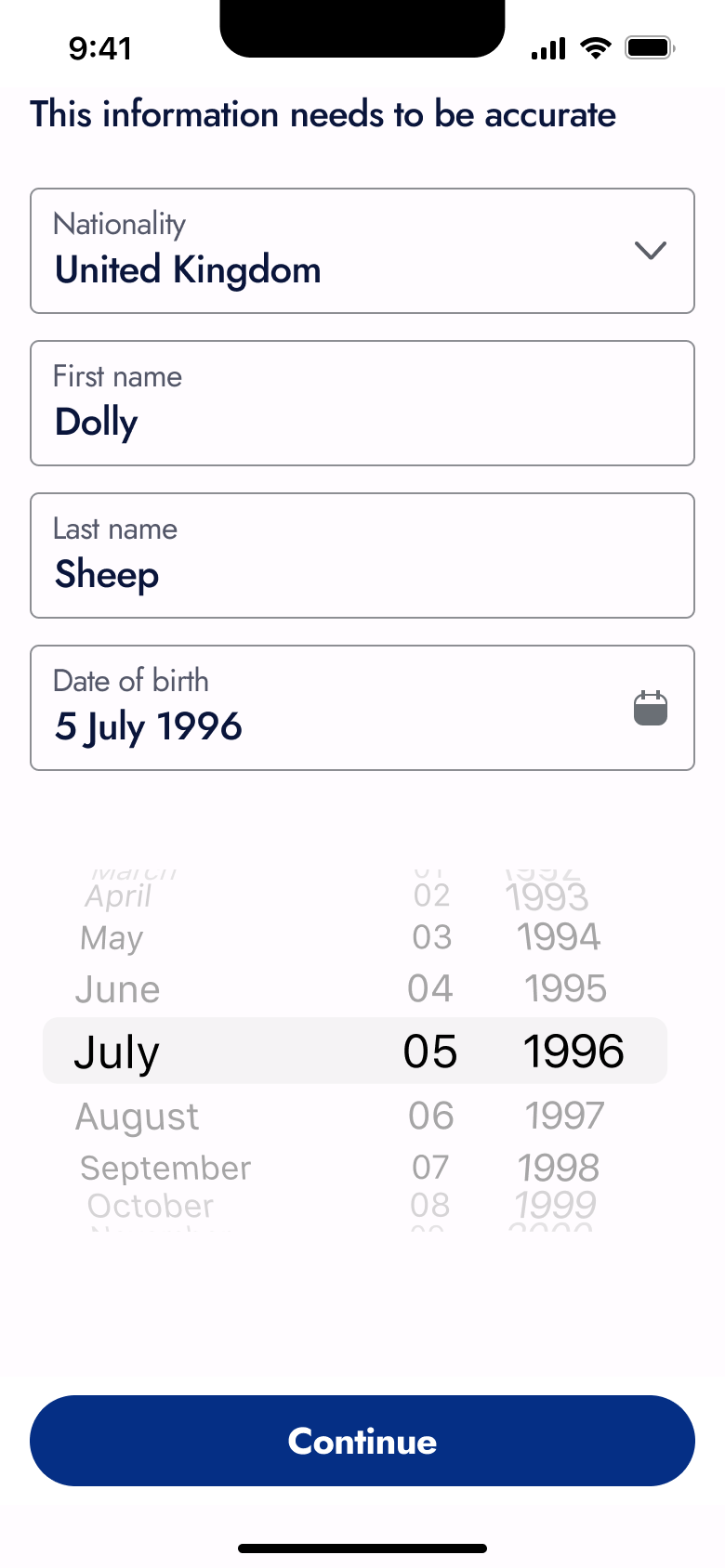 Profile details: nationality, names and date of birth wheel picker.