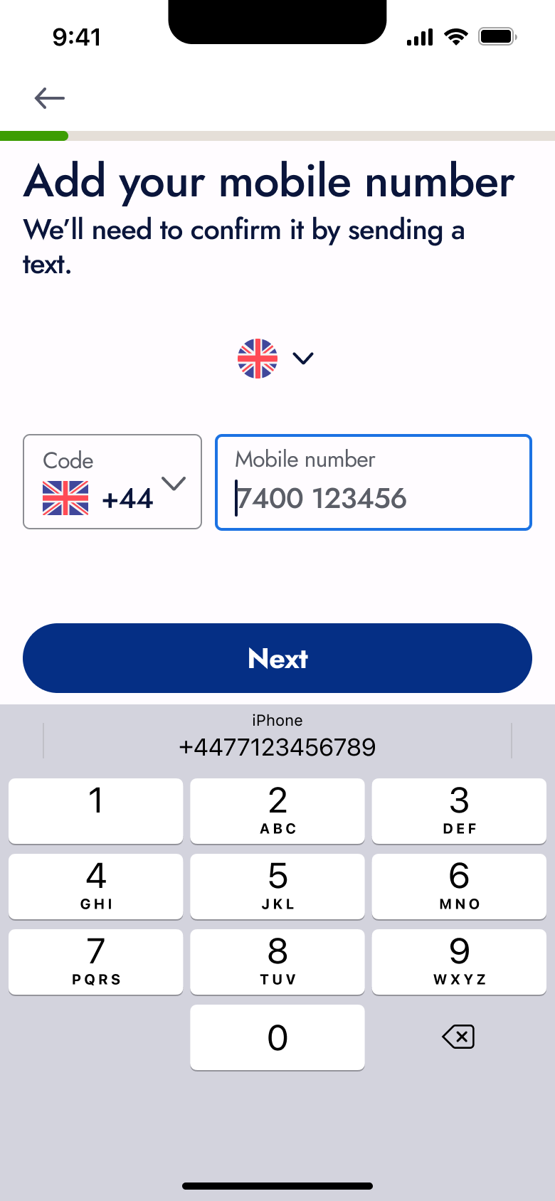 Valid mobile number entered.