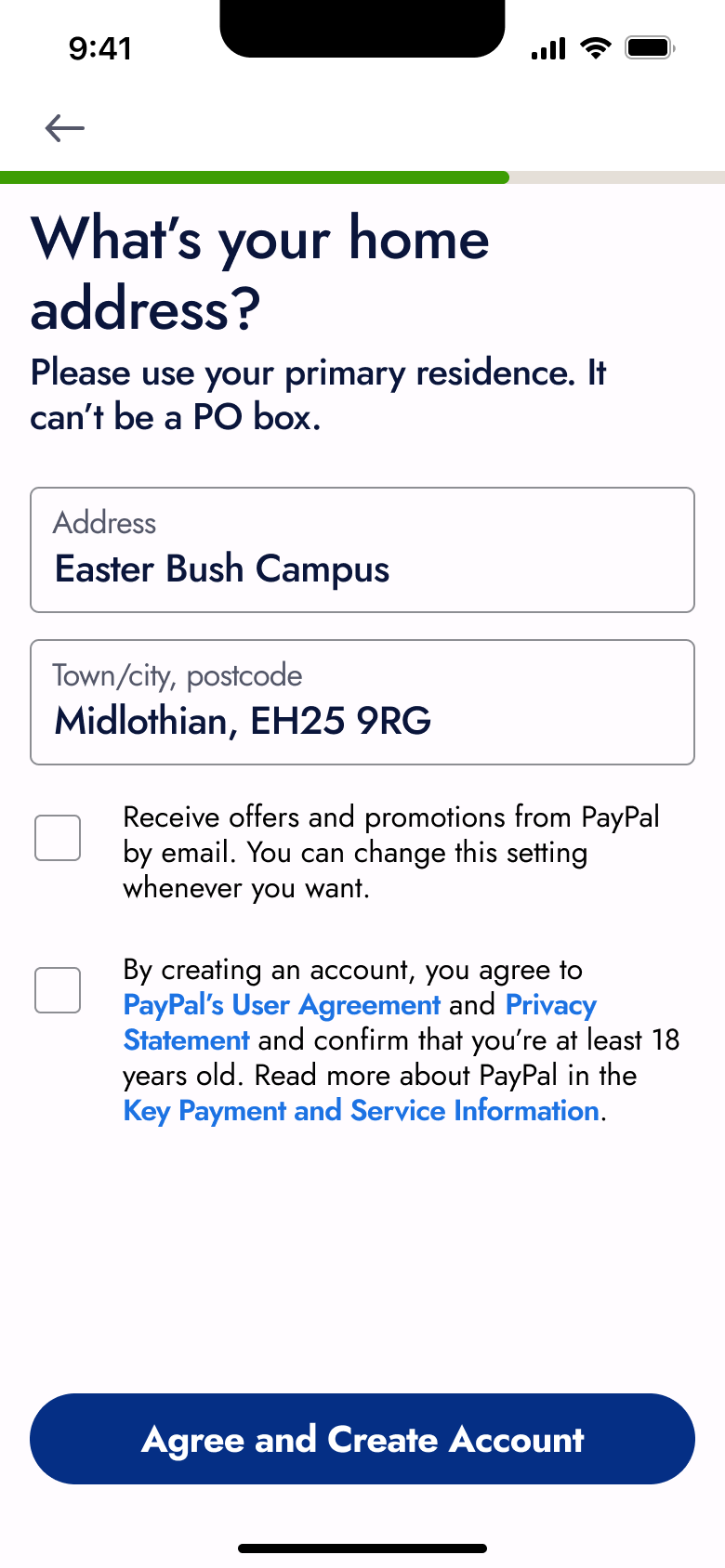 What's your home address: address, consent checkboxes and agree and create account.