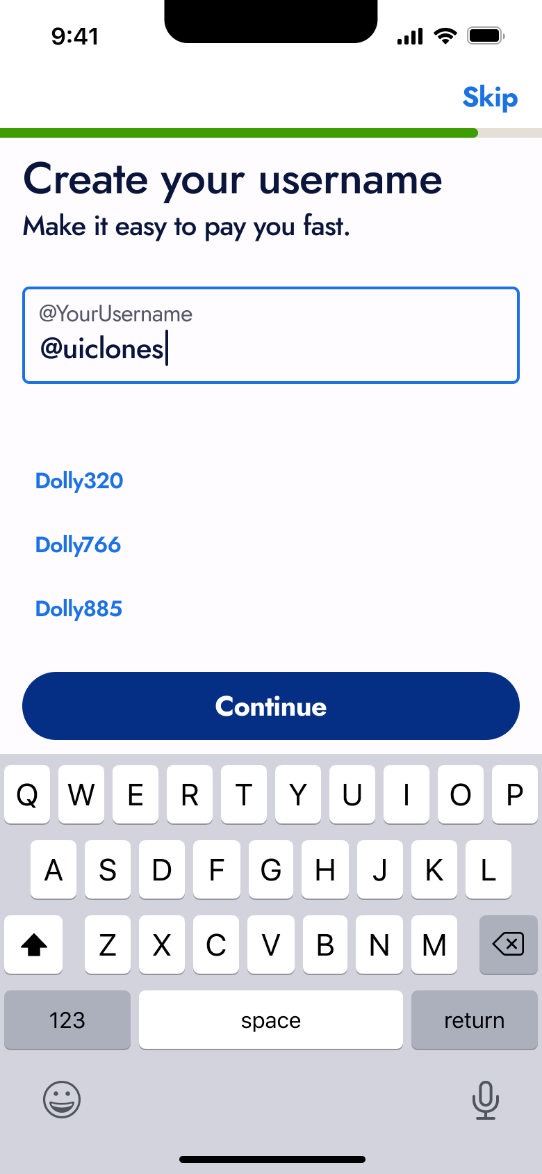 Username with suggested alternatives.