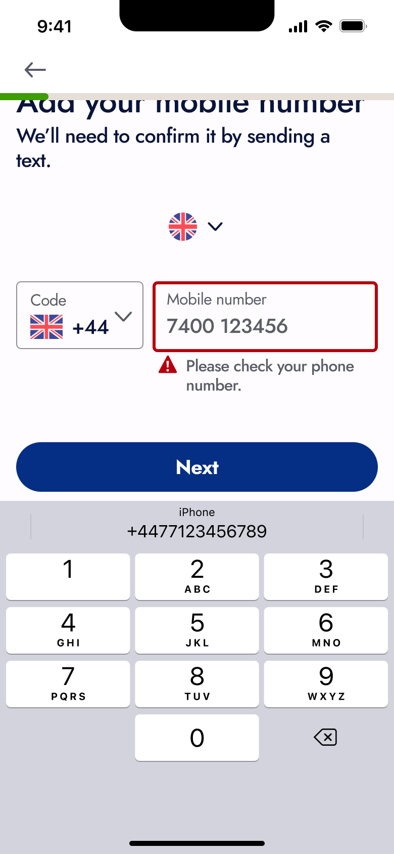 Phone number check error.
