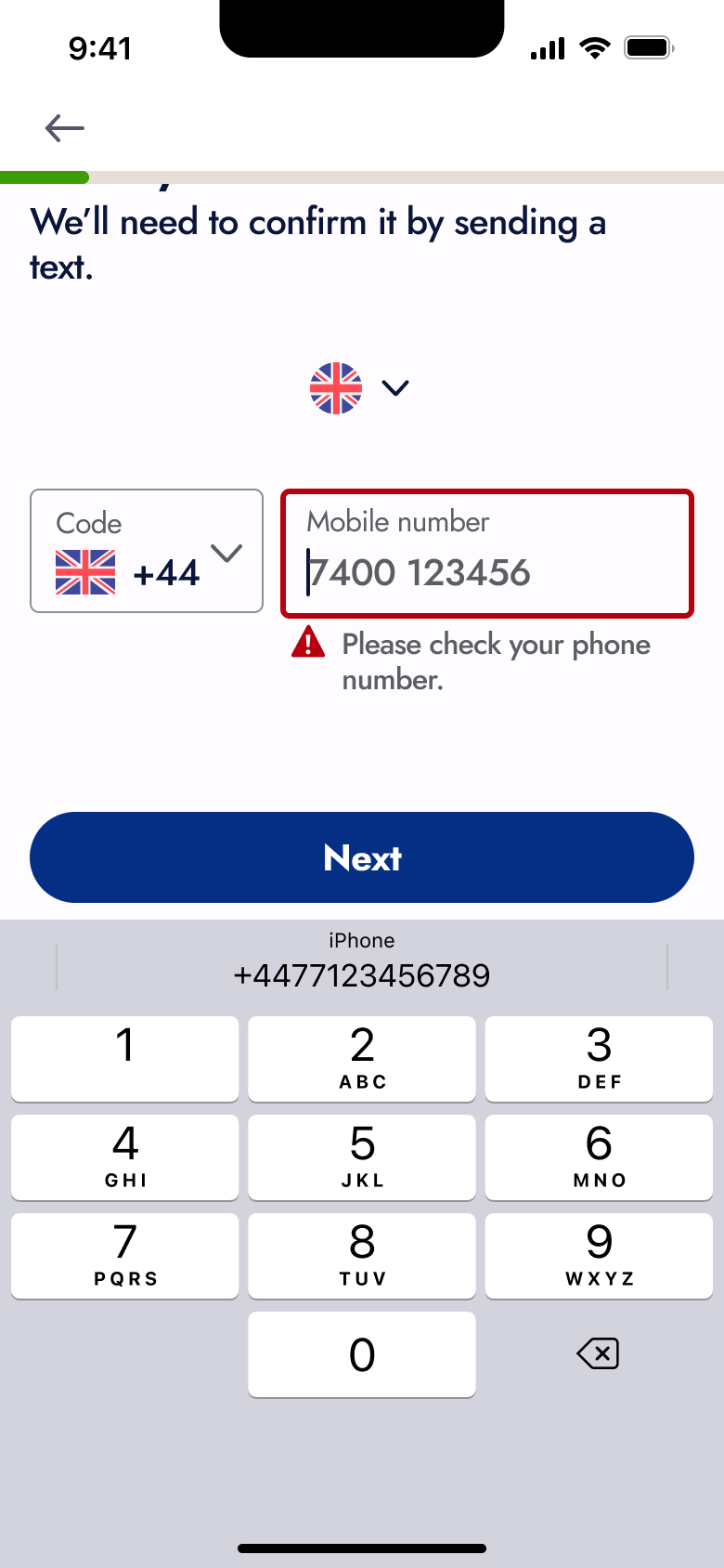 Phone number error with autofill suggestion.