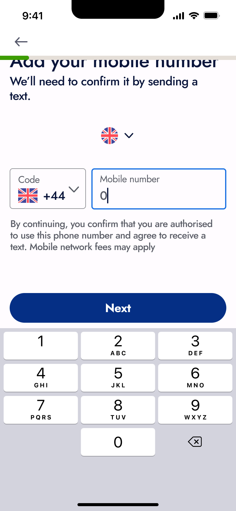 Mobile number field with first digit.