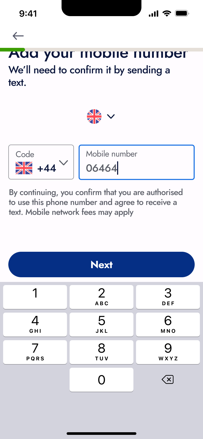 Mobile number being typed.