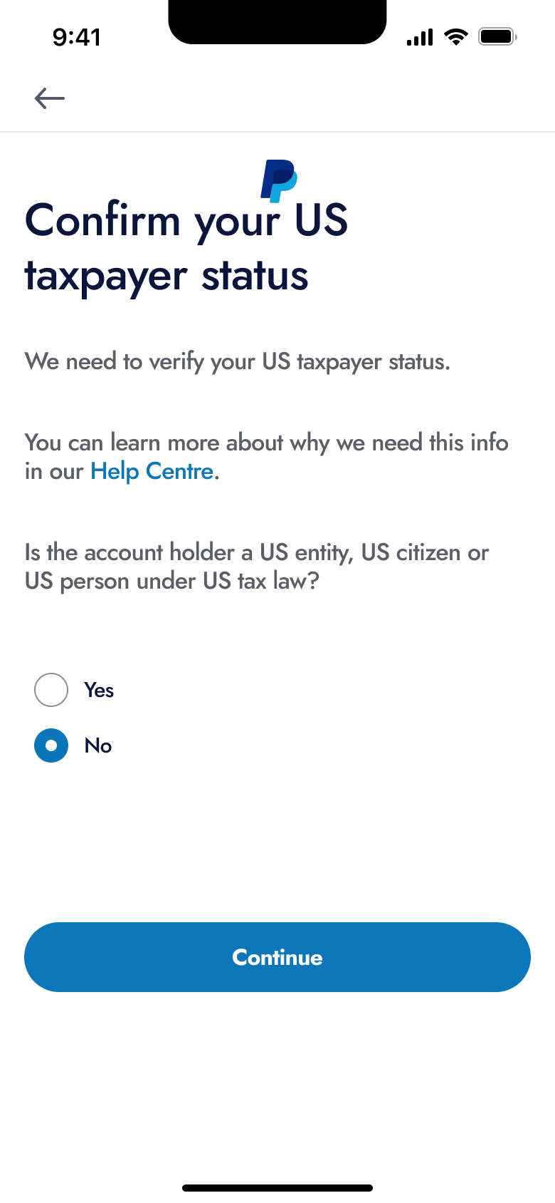 Confirm your US taxpayer status: yes or no with no selected.