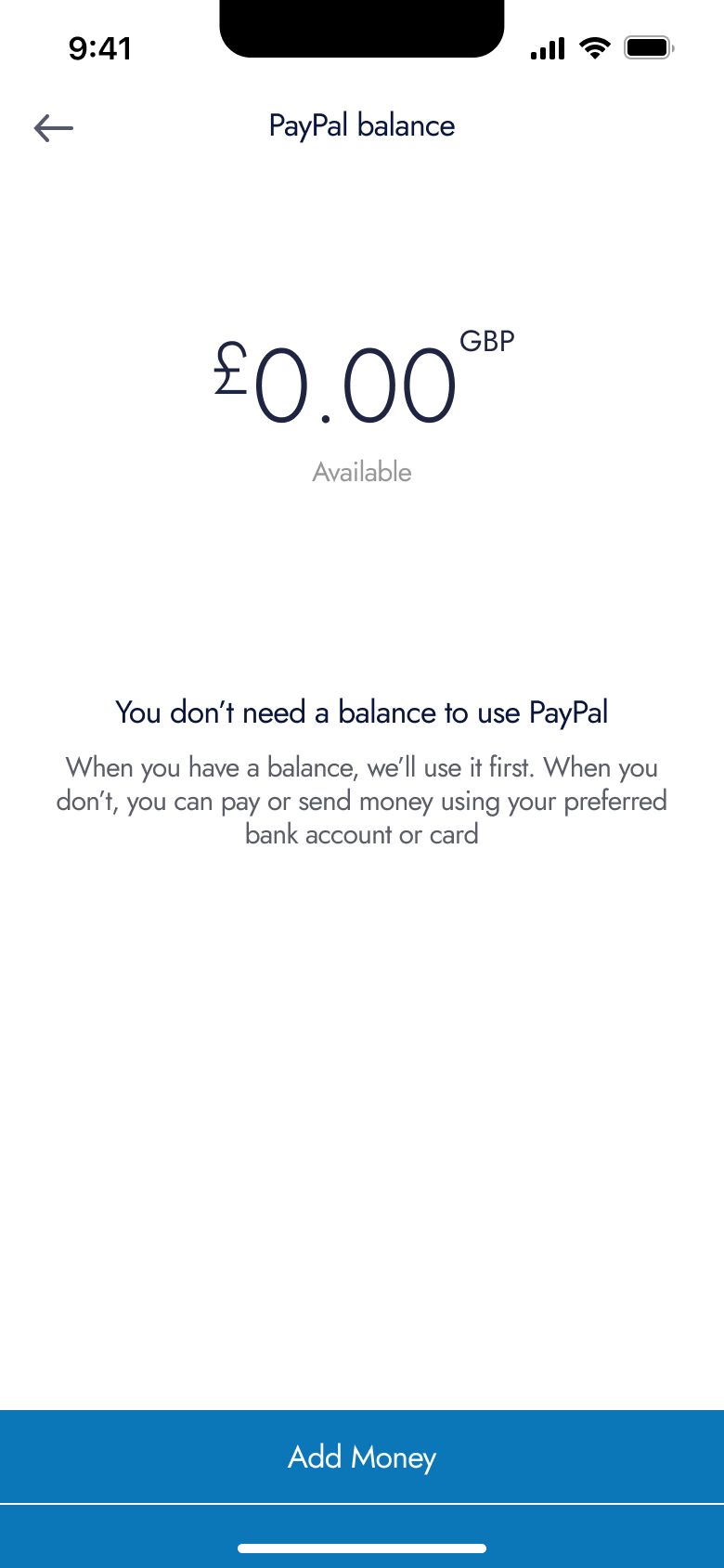 Balance at zero with add money and explanation.