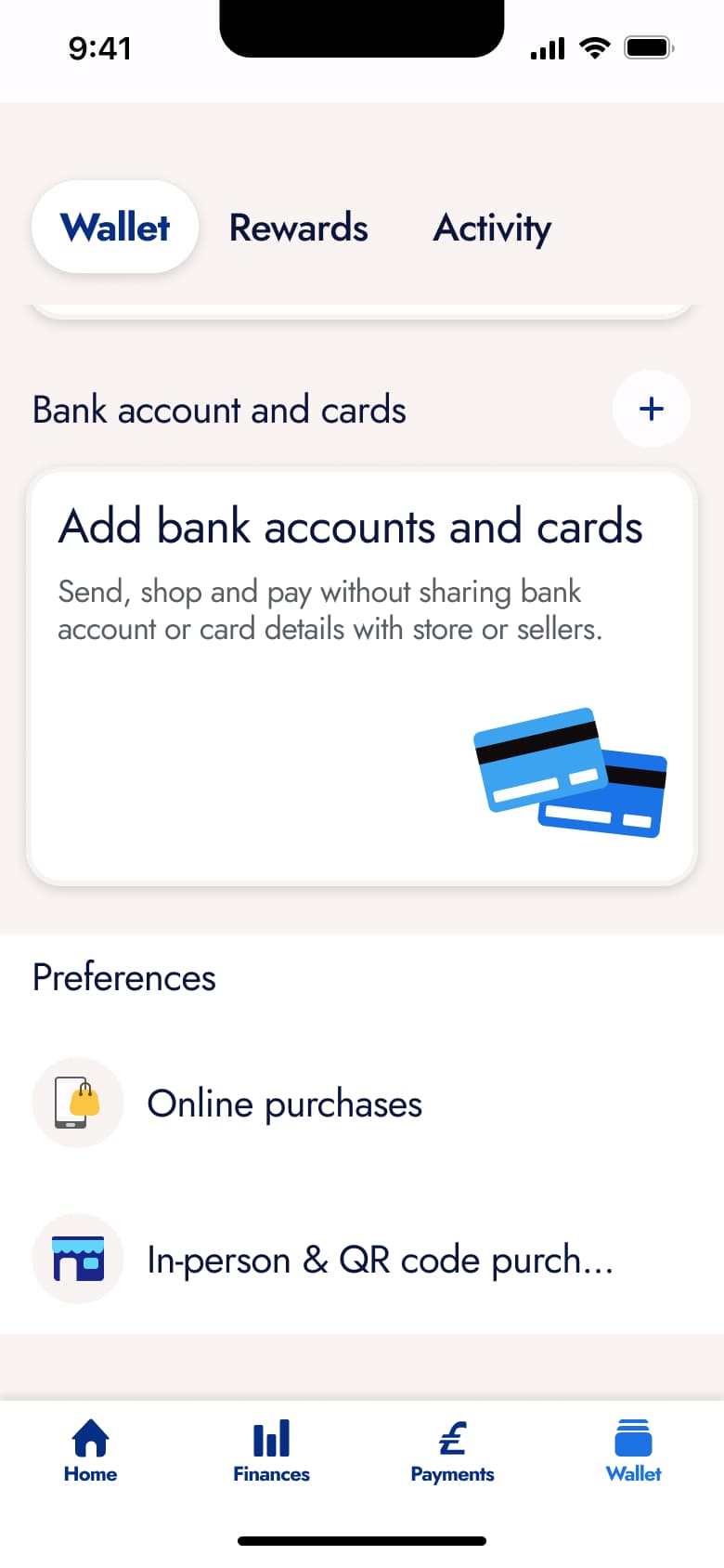 Wallet tab: add bank accounts and cards, preferences for online and in-person.