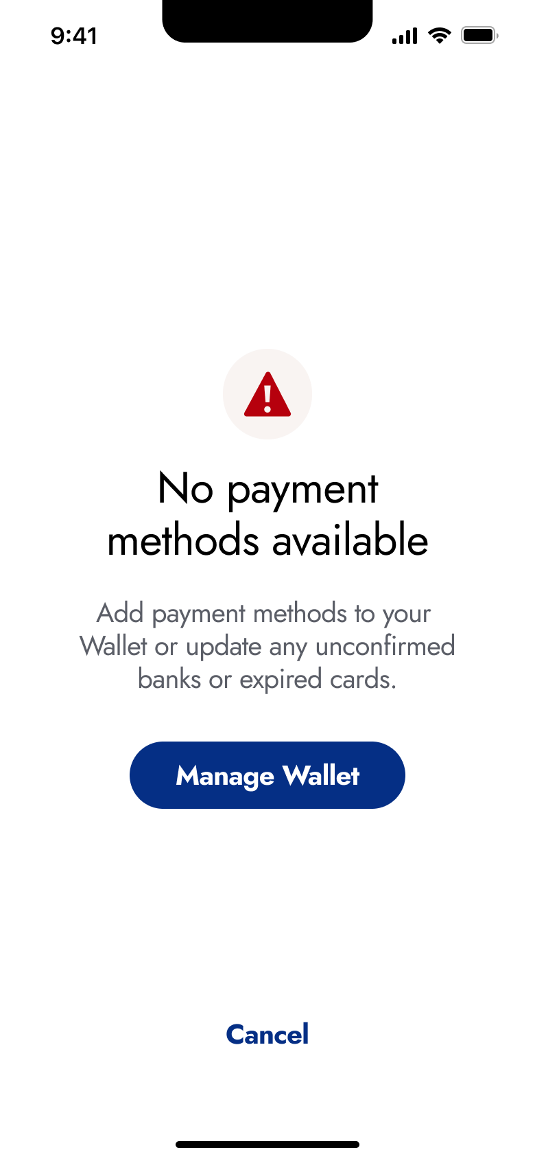 No payment methods available: manage wallet or cancel.