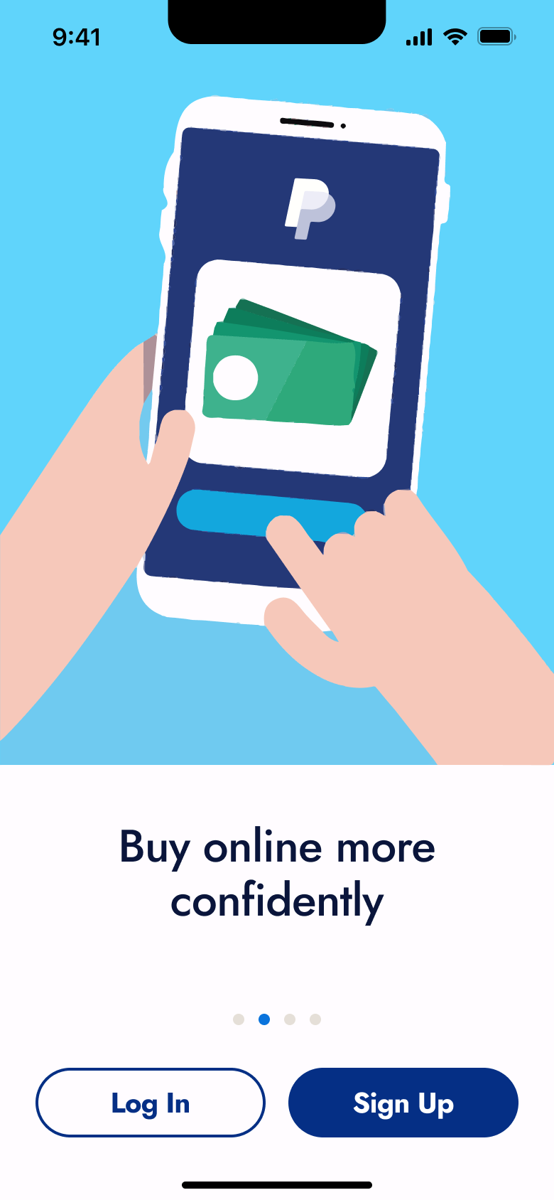 Welcome carousel slide with phone payment illustration.