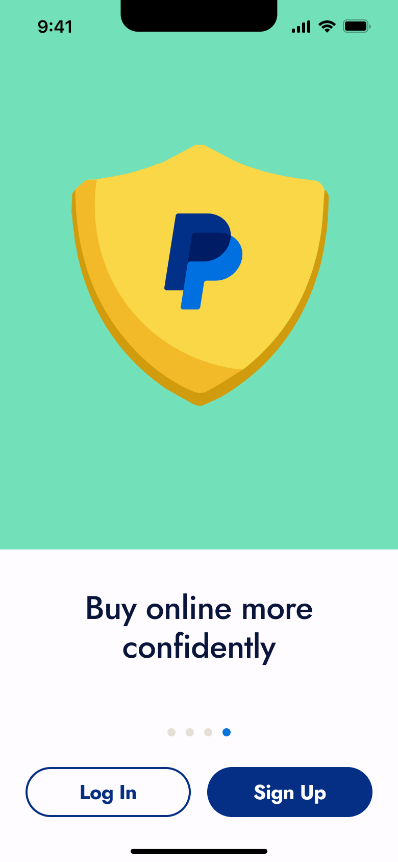 Welcome carousel: buy online more confidently, shield illustration, log in and sign up.