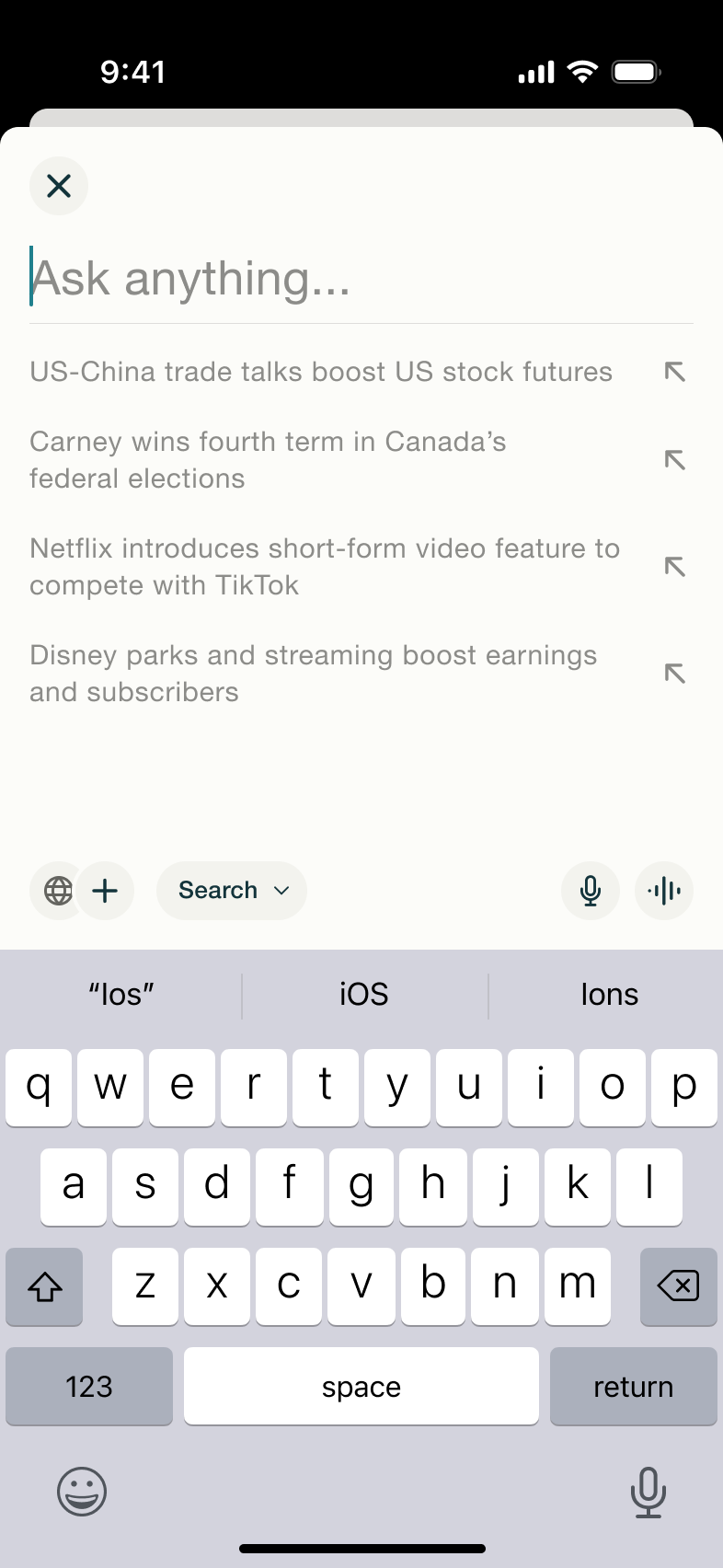 Ask anything: query field with trending suggestions and search mode chip.