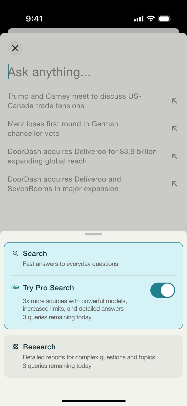 Search mode sheet with pro search on.