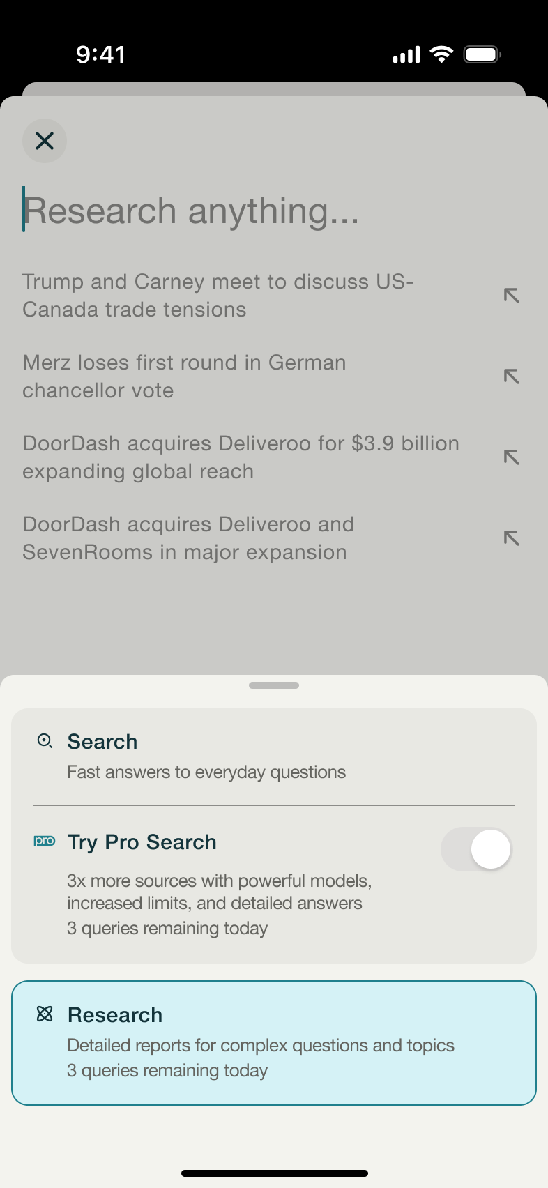 Search mode sheet with research selected.